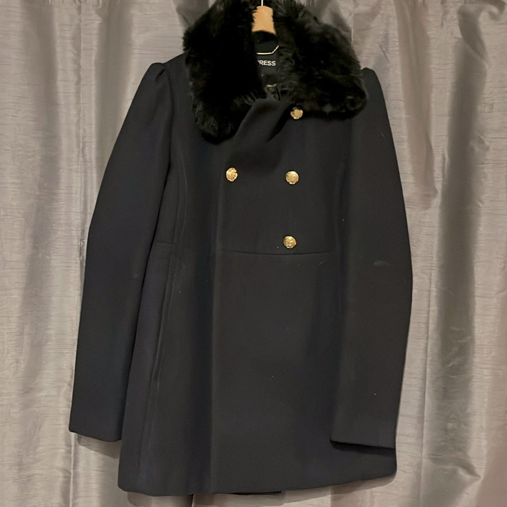 Express Navy double breasted short peacoat with detachable black fur collar
